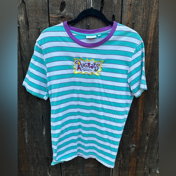 Vintage Nickelodeon Rugrats Purple White Turquoise Striped Tee Shirt Logo - Picture 2 of 6